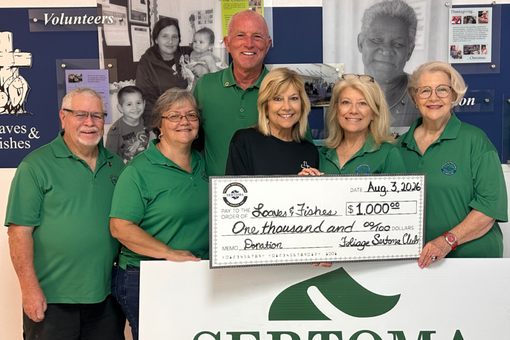 Foliage Sertoma Club of Apopka members present a $1,000 donation to Loaves & Fishes on Monday to help cover the cost of replacing two aging air-conditioning units at the food pantry’s Apopka facility. Pictured from left are John Clorman, Sertoma club sergeant-at-arms; Lorena Potter, club chairman; Eric Mock, club president; Lory Reeves, Loaves & Fishes director; Diane Haubner, club 2027-28 president-elect; and Beverly Winesburgh, club secretary/treasurer.