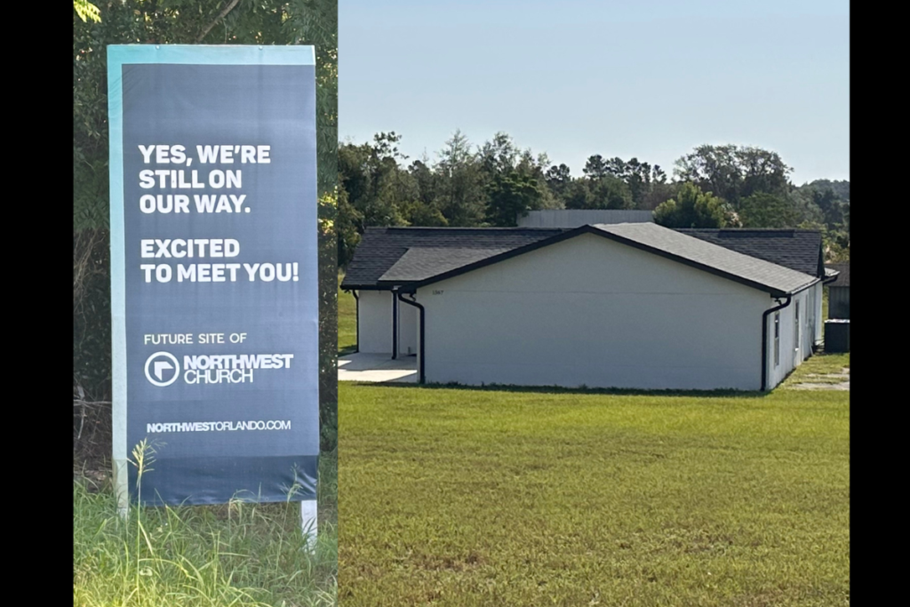 A sign marks the future site of Northwest Church at 1567 Plymouth Sorrento Road, where an existing approximately 4,000-square-foot building also sits. The Apopka Development Review Committee recommended denial Wednesday of plans for a new 23,217-square-foot place of worship and for the retrofit of the existing building because of outstanding city comments.