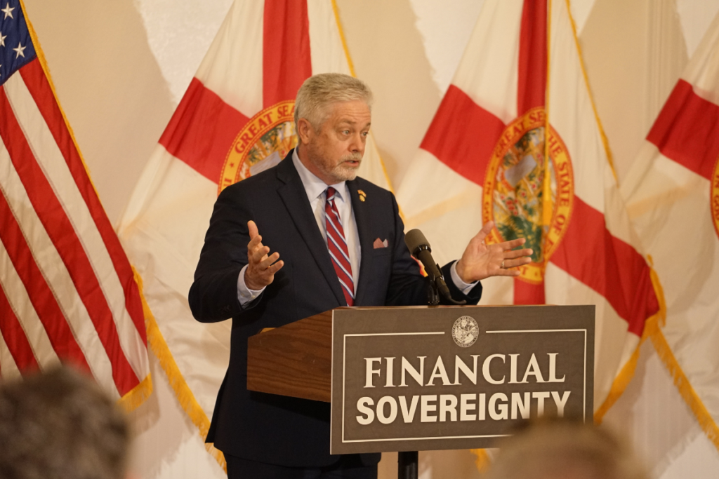 State Rep. Doug Bankson speaks at a May 2025 event in Apopka where Gov. Ron DeSantis signed HB 999, which Bankson co-sponsored.