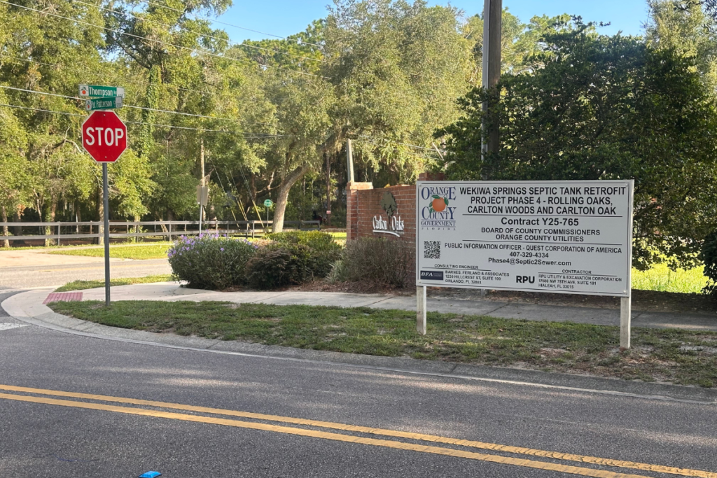 An Orange County project sign stands near the intersection of North Thompson Road and Pat Patterson Court at Carlton Oaks as work continues on Phase 4 of the Wekiwa Springs Septic Tank Retrofit Project. A portion of North Thompson Road is closed for about 30 days as part of the septic-to-sewer construction. 