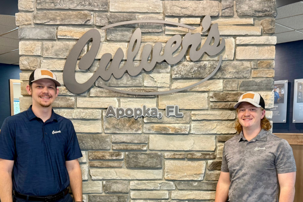 Culver's managers Zachary Grissom (left) and Jordan Little (right) pose at Culver's Apopka.