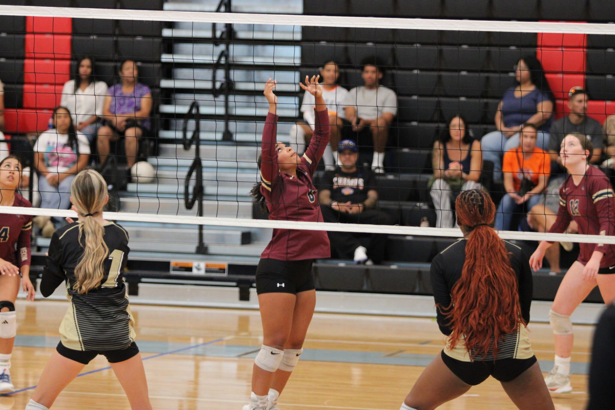 Wekiva Mustangs setter Isabella Espada sets a ball behind her head for Elyanna Sanchez.