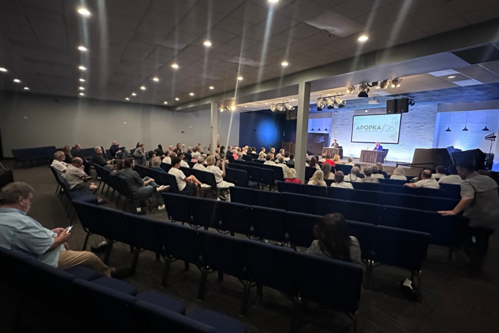 Residents attend an Apopka mayoral runoff forum at Victory Church earlier this year. Apopka Involved Voters will hold Orange County mayoral and County Commission District 2 forums at the same venue Sept. 21 and 22.