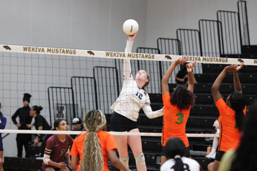 Avianna Mater reaches up to spike a ball right at Jones.