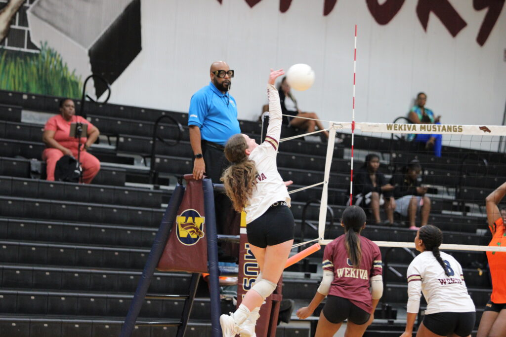Avianna Mater spikes a ball from the left side.