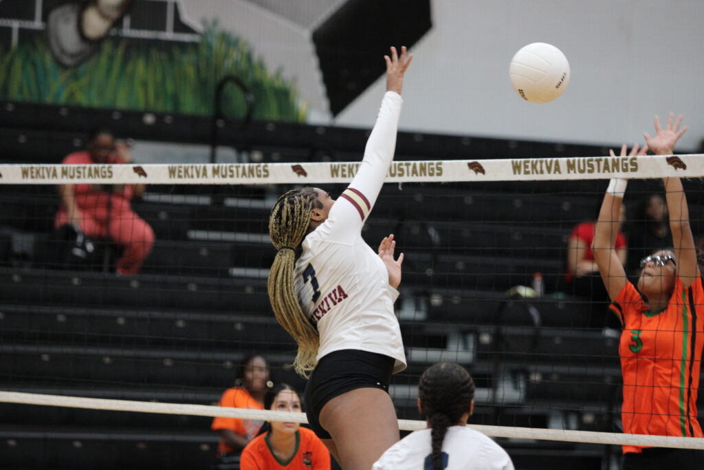 Ginia Reese spikes a kill past Jones.