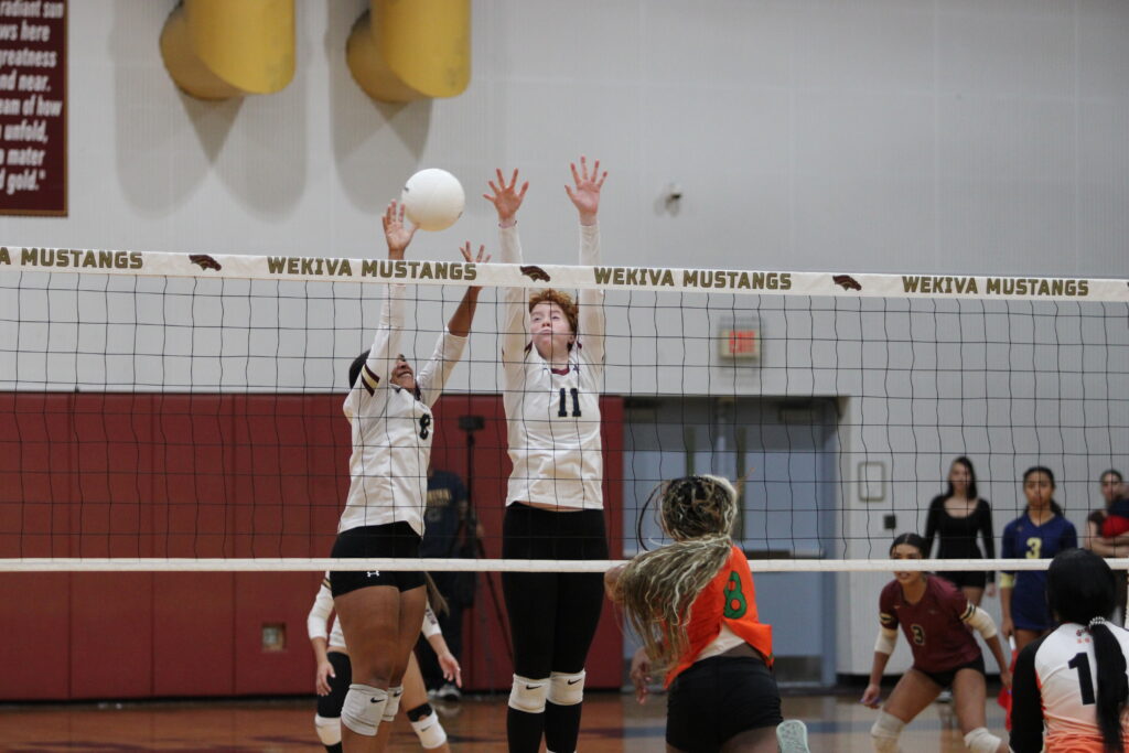 Isabel Espada and Leona Salasek jump up to attempt a block.