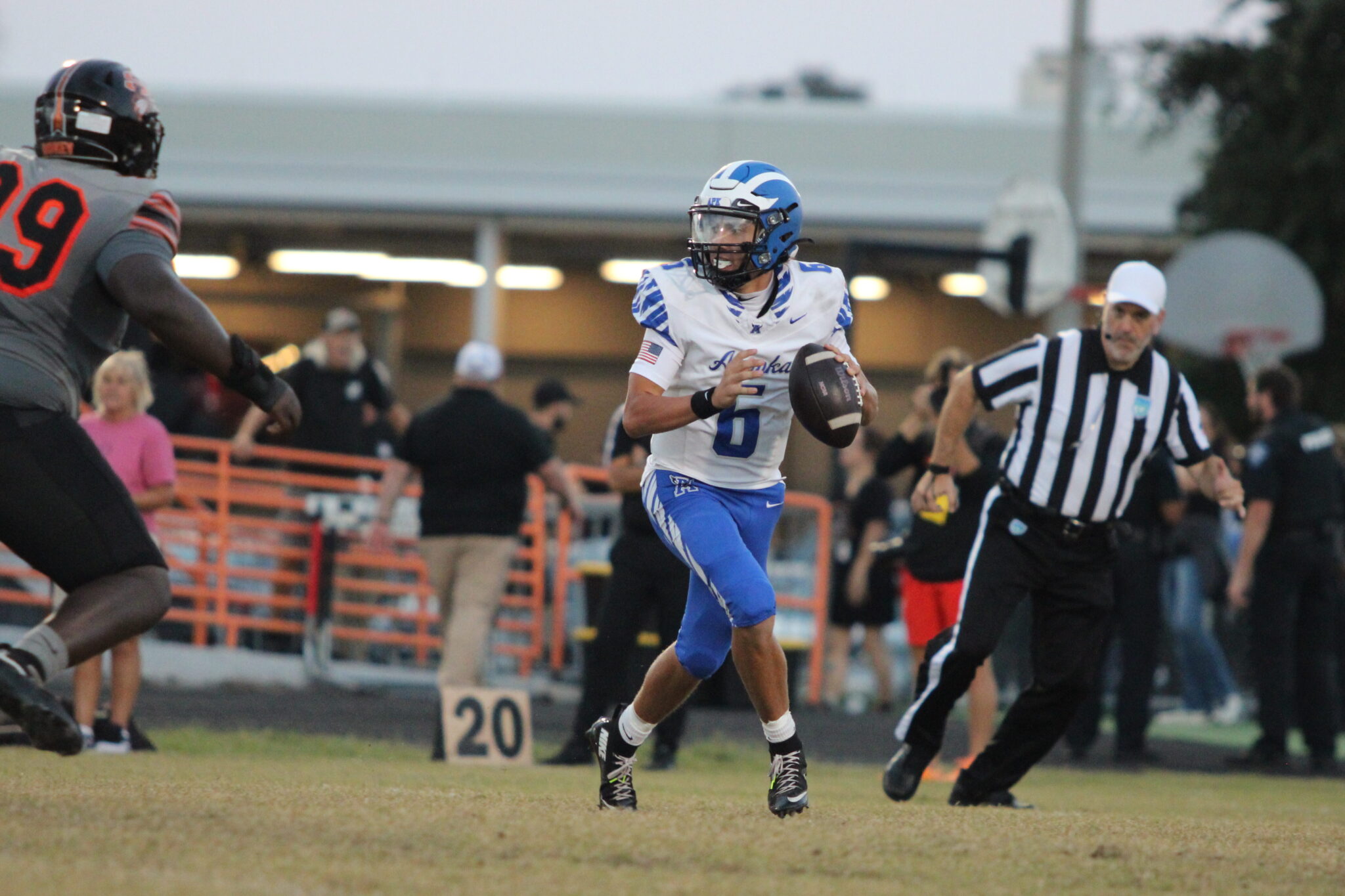 Kai Goodling scrambles to his left while looking for an open receiver.