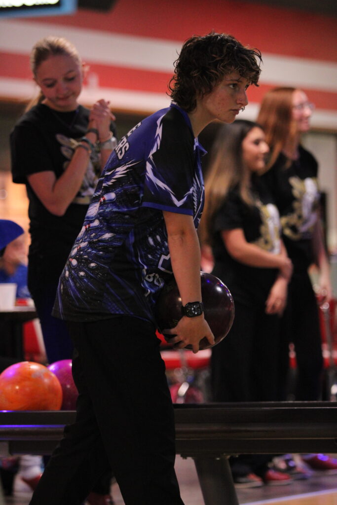 Samantha Carlyle prepares to bowl in her first game of 10-pin in the quad meet.