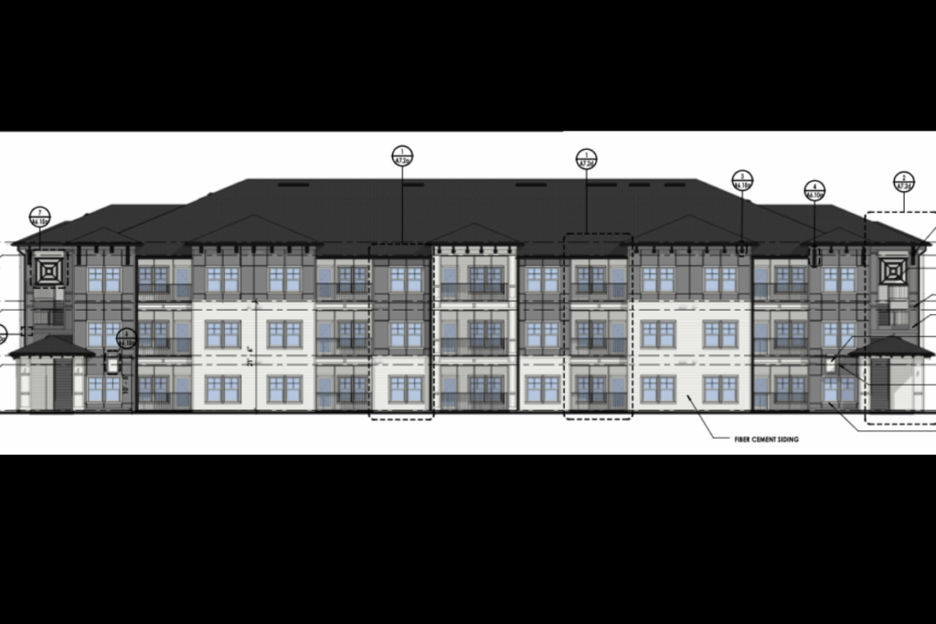 A submitted architectural drawing shows a proposed three-story apartment building in Floridian Town Center’s first multifamily phase. The Apopka Development Review Committee is scheduled to review the plans Sept. 16.