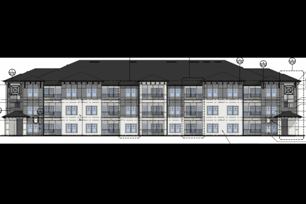A submitted architectural drawing shows a proposed three-story apartment building in Floridian Town Center’s first multifamily phase. The Apopka Development Review Committee declined to advance the 312-unit project Sept. 16 because of unresolved staff comments.