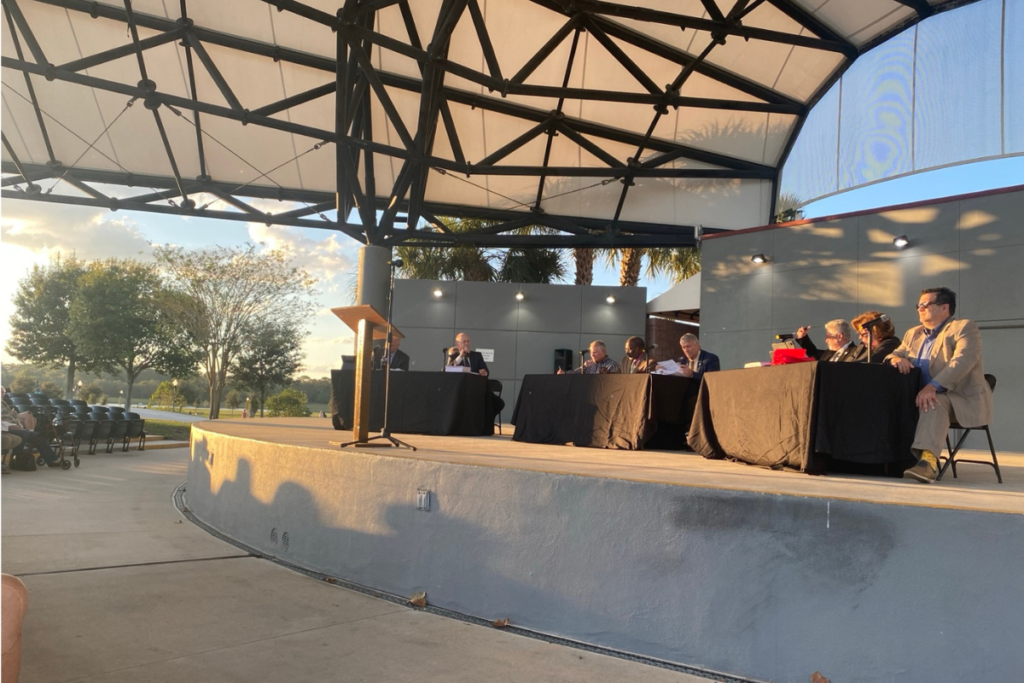 The Apopka Amphitheater is among the city rental facilities discussed as commissioners considered possible limits on elected officials’ free facility use under the city’s discretionary-funds policy. The City Commission tabled the policy review Wednesday.