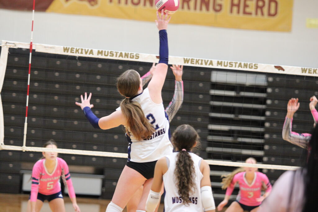 Avianna Mater tips a ball over the net and frontline of South Lake.