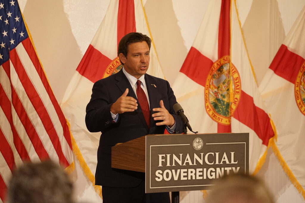 Governor Ron DeSantis speaks in Apopka in 2025.