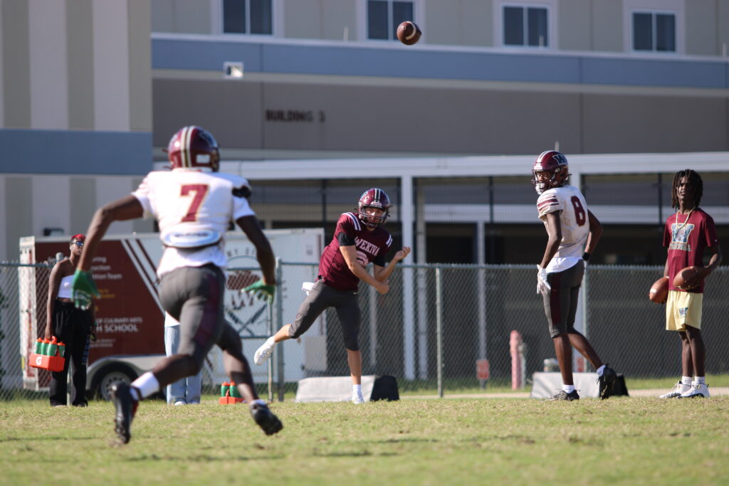 Dominick Sanguine works on reading the safety and hitting the open window with a pass to Reshard Ricketts.