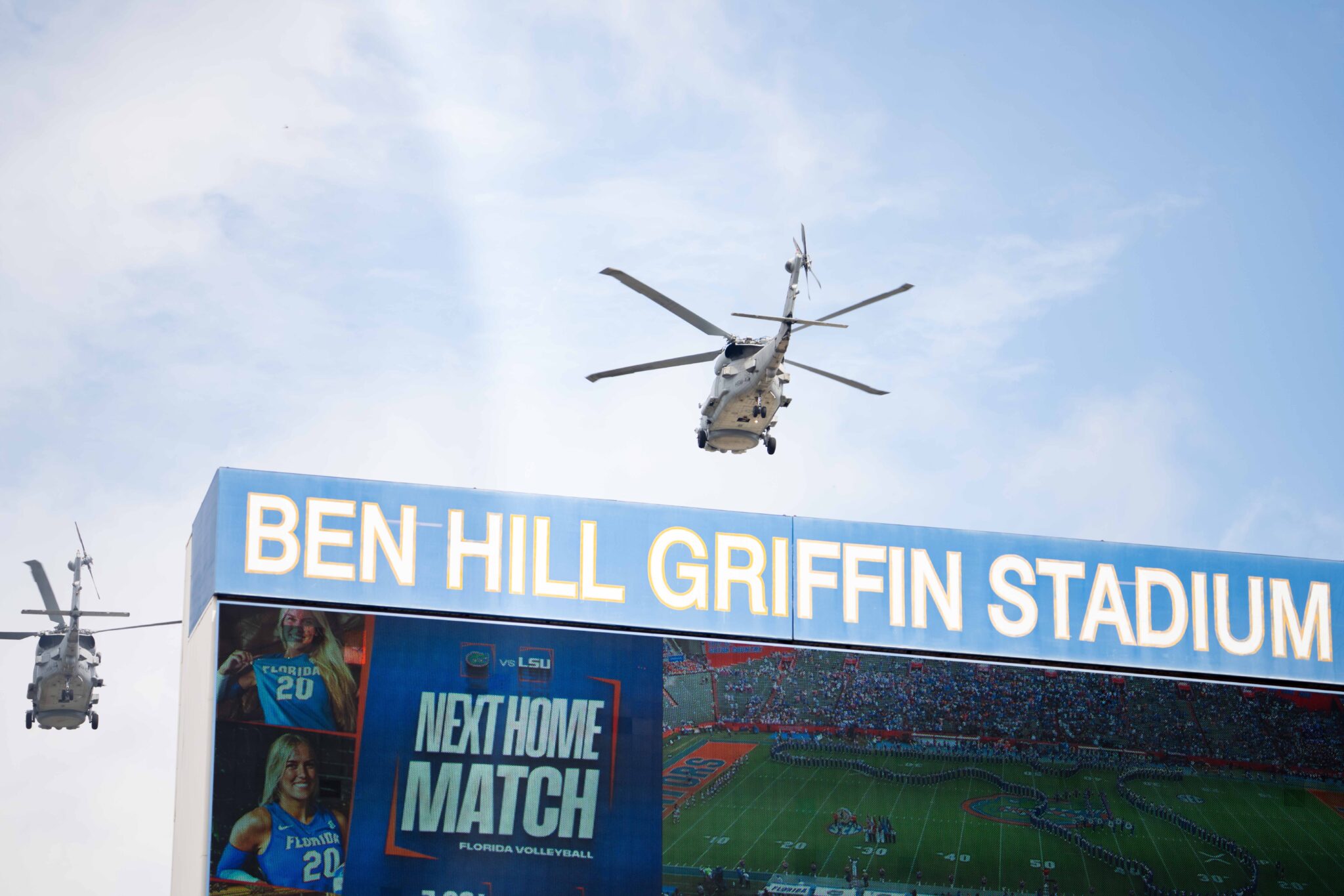 Helicopters fly over Ben Hill Griffin Stadium before Saturday’s game between Florida and South Carolina