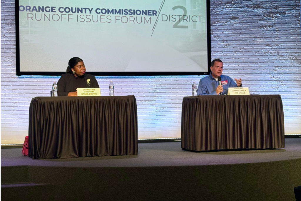 Orange County Commission District 2 candidates Kamia Brown, left, and incumbent Mike Crabb participate in an Apopka Involved Voters forum Sept. 22 at Victory Church in Apopka. Early voting for the Nov. 3 general election begins Oct. 19.