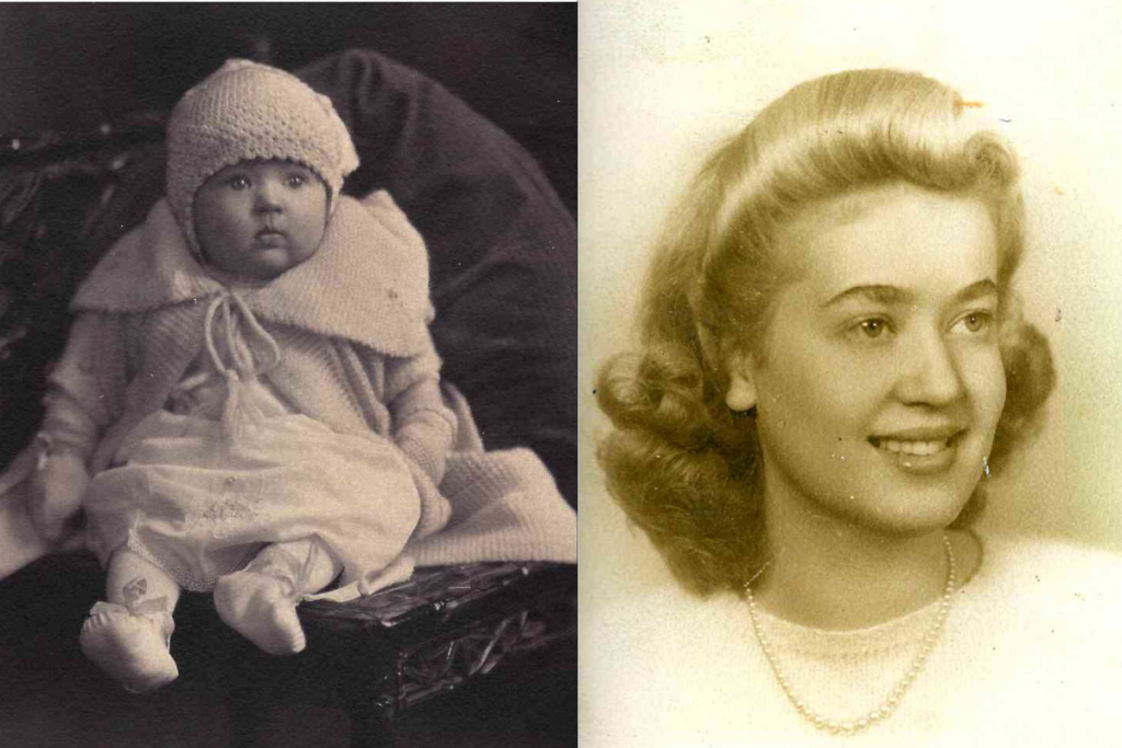 BettyeJo Crowder, who turned 102 on Wednesday, Oct. 14, is pictured as a baby (left) and at age 21 (right). Crowder was born in 1924 and grew up in Evansville, Indiana.