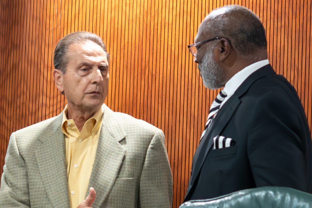 John Drago (left), Orange County's appointed representative on the Apopka Community Redevelopment Agency Board, speaks with then-City Commissioner Alexander H. Smith during a Jan. 21 CRA meeting. The city is accepting applications for vacancies on the CRA Board and Planning Commission through Nov. 6.