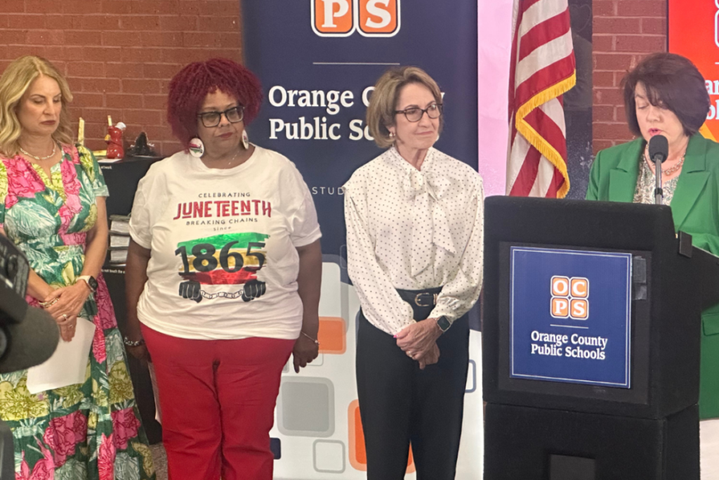 Orange County Public Schools Superintendent Maria Vazquez, right, speaks during a June news conference at the Ronald Blocker Educational Leadership Center in Orlando. From left are School Board members Angie Gallo and Vicki-Elaine Felder and School Board Chair Teresa Jacobs. The district’s impasse hearing over employee pay and health insurance has been postponed until Nov. 13.