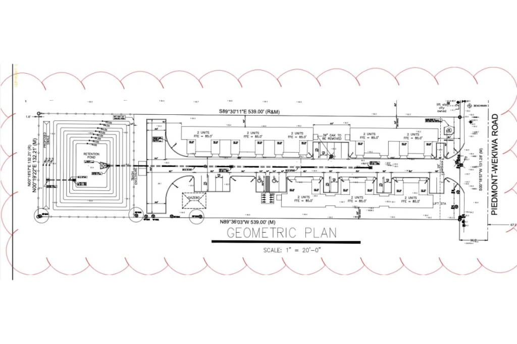 A proposed site plan shows the layout of the 16-unit Villas at Wekiva development at 734 Piedmont-Wekiwa Road. Site plan by Enrique A. Torrens.